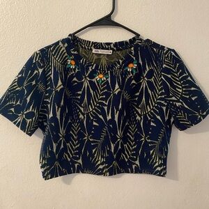 Zara Women's Top with Blue and Green Leaf Pattern